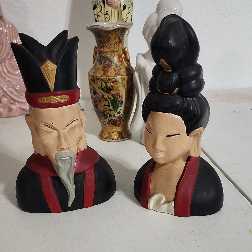 Vintage Asian Set Black and Red Ceramic Figurines